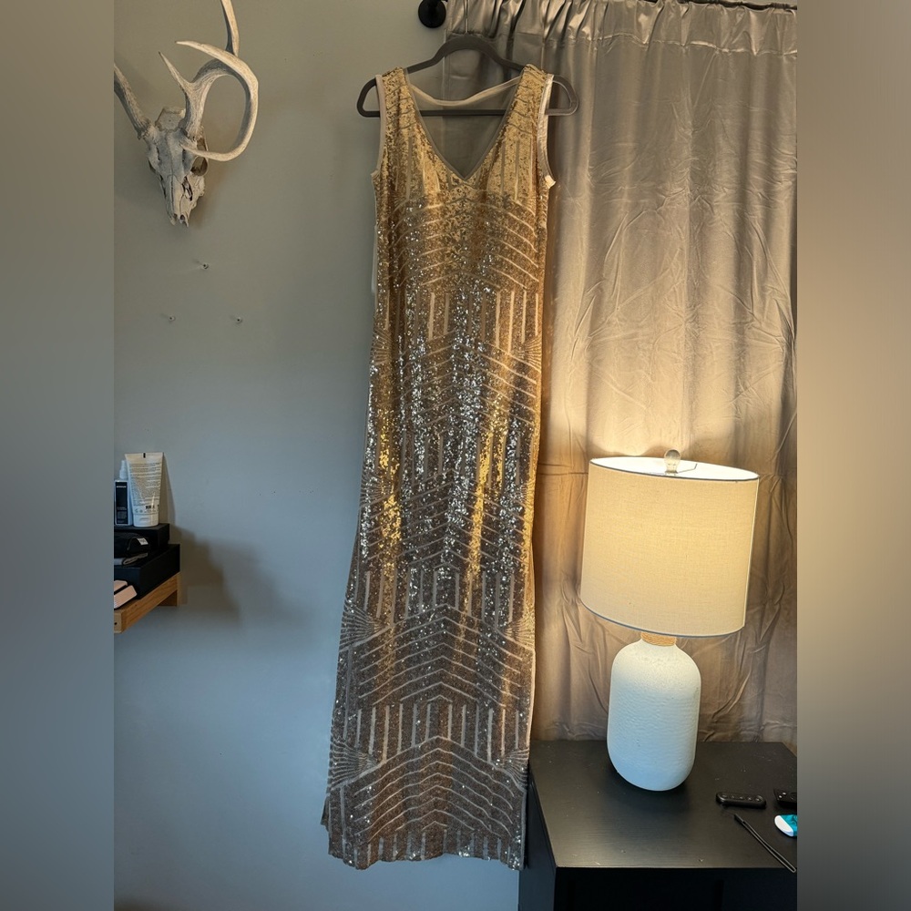 Gold sequin bridesmaids maxi sleeveless dress